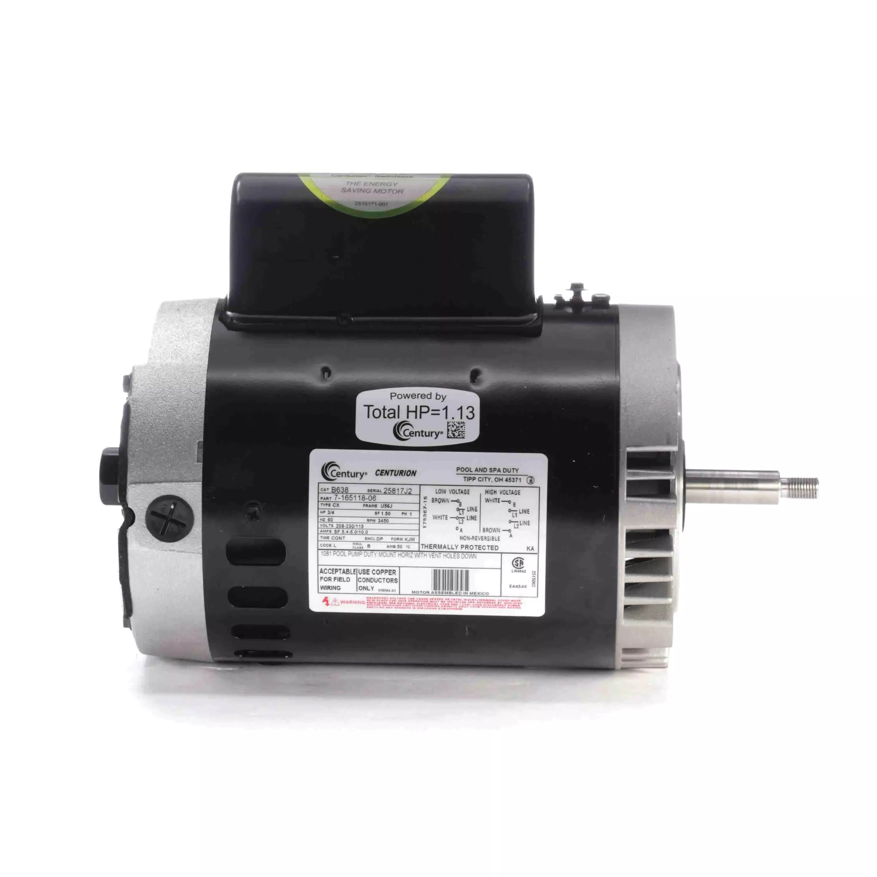 Century | B638 | 3/4 HP Pool & Spa Pump Motor – Permanent Split Capacitor, 56J Frame