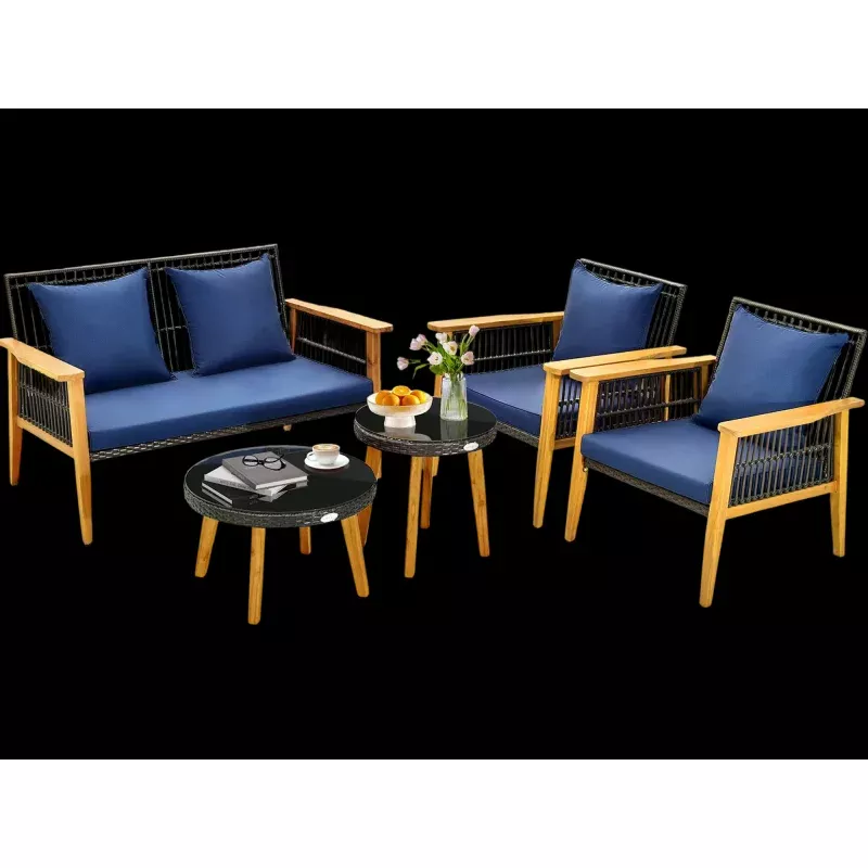 Costway 5-Piece Outdoor Patio Conversation Set w/ 2 Coffee Tables Navy 38167549 New