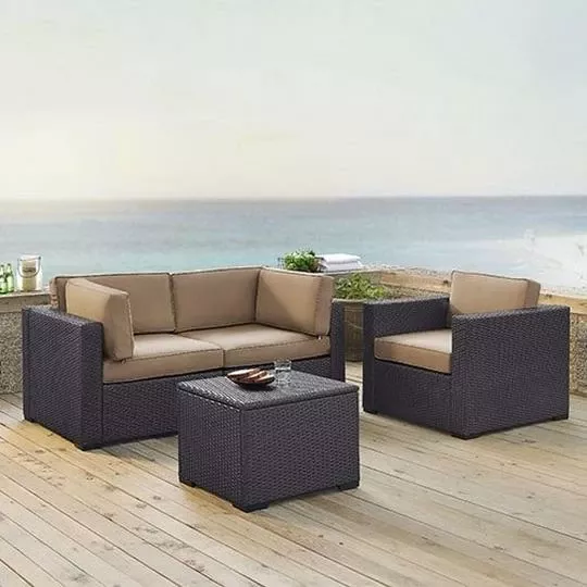 Crosley – Biscayne 4 Piece Wicker Set With Mist Cushions – Two Corner Chairs, Arm Chair & Coffee Table