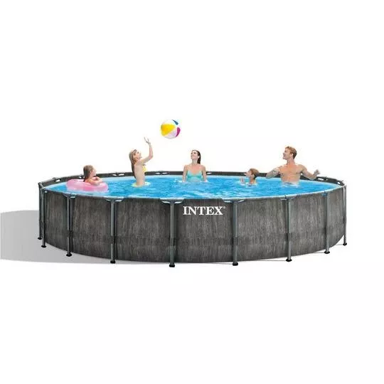 Intex – Prism Frame Greywood Above Ground Pool 18′ Round X 48″ Depth