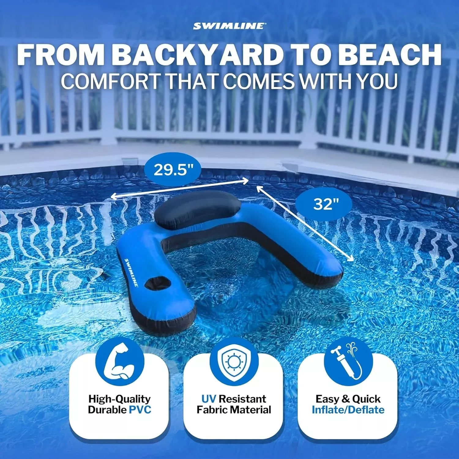 SWIMLINE ORIGINAL Fabric Covered U-Seat Inflatable Pool Lounger | With Comfortable Sling Seat, Back Rest, and Built In Cup Holder | For Pool, Beach, Lake, and More